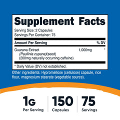 Close-up of Nutricost Guarana capsules highlighting natural caffeine source.