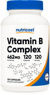 Nutricost High Potency Vitamin B Complex bottle with clear label for energy support.