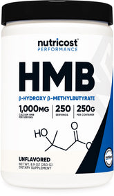Nutricost HMB powder bottle label demonstrates quality and gluten-free formulation.