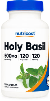 Nutricost Holy Basil Capsules bottle front, gluten-free label for daily wellness.