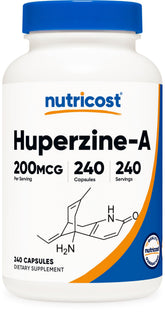 Nutricost Huperzine A bottle front view with 200 mcg capsules for daily cognitive support.