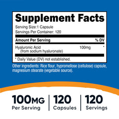 Nutricost Hyaluronic Acid Capsules close-up highlighting 100 mg per capsule for easy daily use