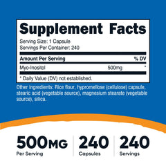 Nutricost Inositol bottle label highlighting 240 vegetarian capsules and gluten-free status.
