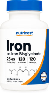 Nutricost Iron Bisglycinate capsule showing the easy-to-swallow form for daily iron support