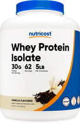 Nutricost Isolate Whey Vanilla 5lbs bottle front highlights premium protein for post-workout fueling.