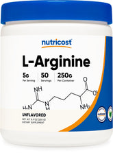 Nutricost L-Arginine powder bottle front view for daily support and high potency.