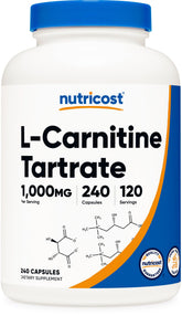 Nutricost L-Carnitine Tartrate bottle front for energy support during workouts.