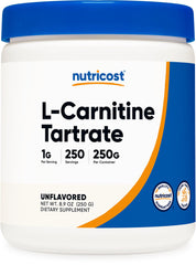 Nutricost L-Carnitine Tartrate Powder bottle ready for workouts.