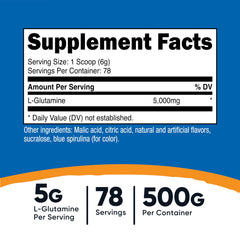 Nutricost L-Glutamine blue raspberry scoop beside the tub for easy serving