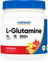 Nutricost L-Glutamine Fruit Punch bottle for daily supplementation after workouts