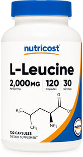 Nutricost L-Leucine 2000mg bottle close-up for easy daily supplementation.