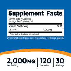 Nutricost L-Leucine capsules close-up, easy-to-swallow daily supplement.