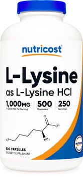 Nutricost L-Lysine bottle front view, convenient daily amino acid supplement.