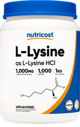 Nutricost L-Lysine powder bottle shows premium formula for daily amino acid support.