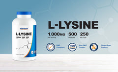 Nutricost L-Lysine serving two capsules illustrates 1000mg serving option.