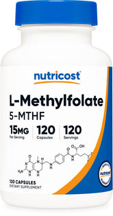 Nutricost L-Methylfolate bottle front supports daily wellness.