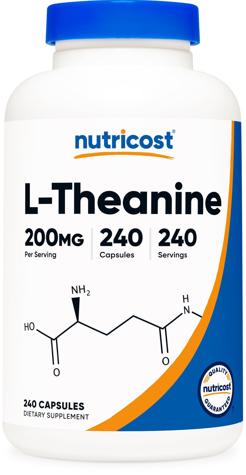 Nutricost L-Theanine 200mg bottle front, a high-potency calm-focused option.