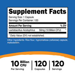 Nutricost Lactobacillus Acidophilus capsules closeup showing small, easy-to-swallow pills