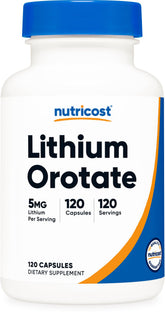 Nutricost Lithium Orotate 5mg bottle, convenient veggie capsules for daily use.