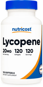 Nutricost Lycopene softgel bottle front with 20 mg potency and easy-to-swallow design