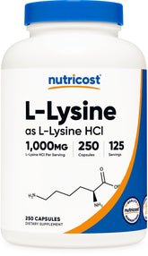 Nutricost L-Lysine 1000mg bottle front view for daily support.