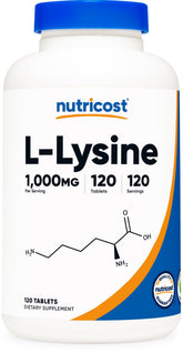 Nutricost L-Lysine 1000mg bottle with tablets, convenient daily supplement for vegetarians.
