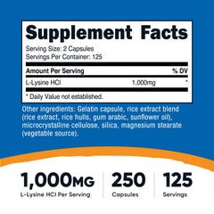 Nutricost L-Lysine capsules close-up showing size.