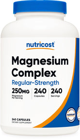 Nutricost Magnesium Complex 250mg bottle shown for daily wellness.