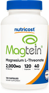 Nutricost Magtein bottle view highlighting daily magnesium L-threonate supplementation.