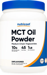 Nutricost MCT Oil Powder bottle with a 1-scoop serving for keto use.