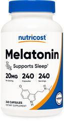 Nutricost Melatonin 20mg bottle—front view for easy nightly use.