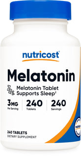 Nutricost Melatonin 3mg tablets close-up for easy night use.