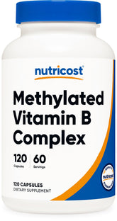 Nutricost Methylated B Complex bottle front for gluten-free daily wellness.
