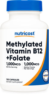 Nutricost methylated B12 and folate bottle with capsules for daily support