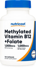 Nutricost methylated B12 and folate bottle with capsules for daily support