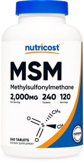 Nutricost MSM tablets bottle-front highlighting 2000mg per serving for daily use