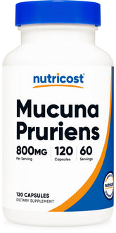 Nutricost Mucuna Pruriens bottle front view, convenient veggie capsules for daily use.