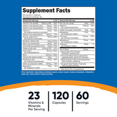 Nutricost Multivitamin for Men bottle label highlighting essential vitamins and minerals.