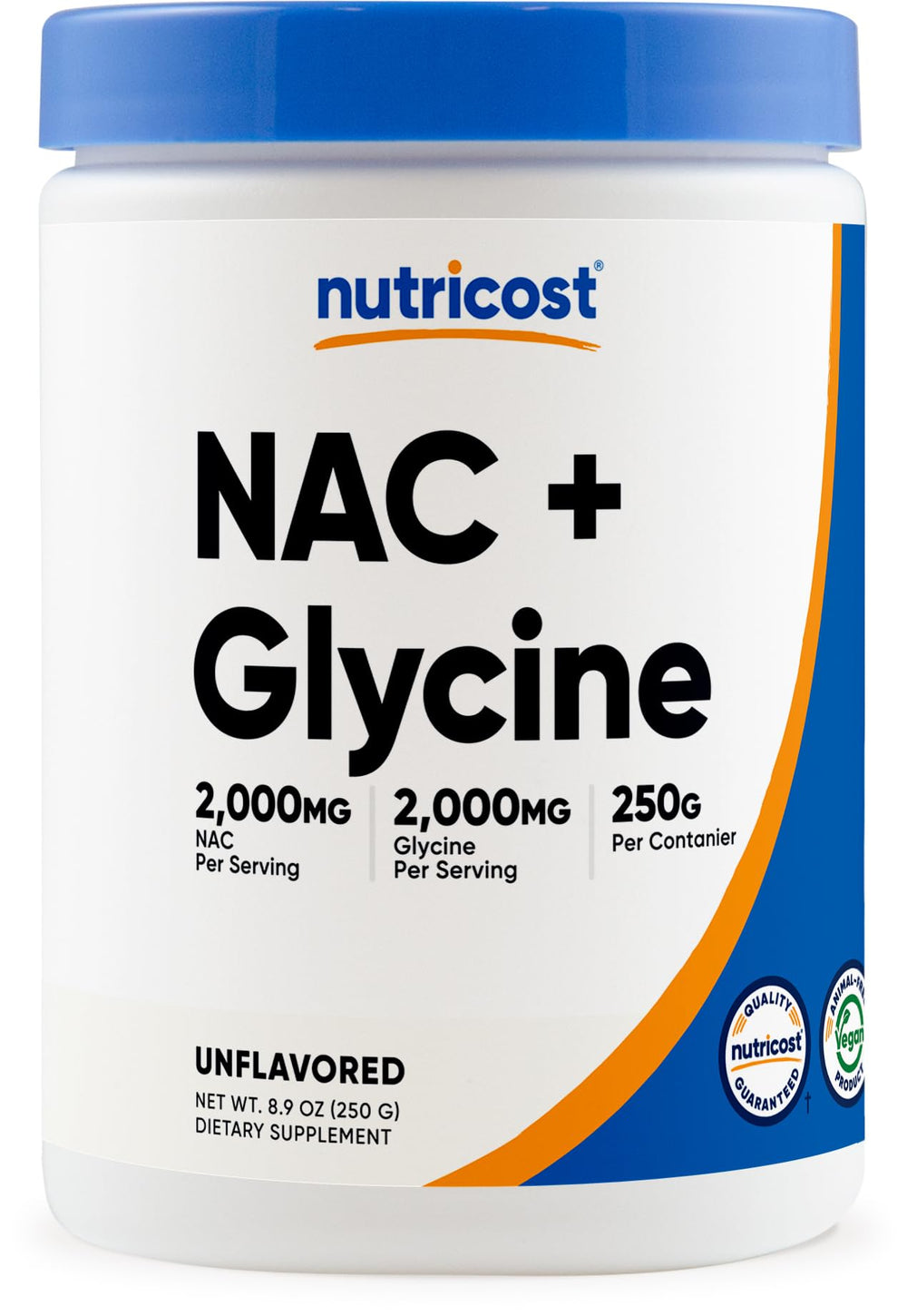 Nutricost NAC and Glycine powder bottle for easy daily supplementation.