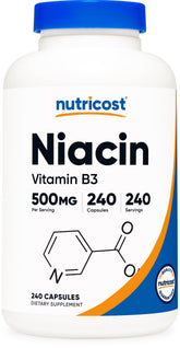 Nutricost Niacin 500mg bottle close-up for reliable daily use.