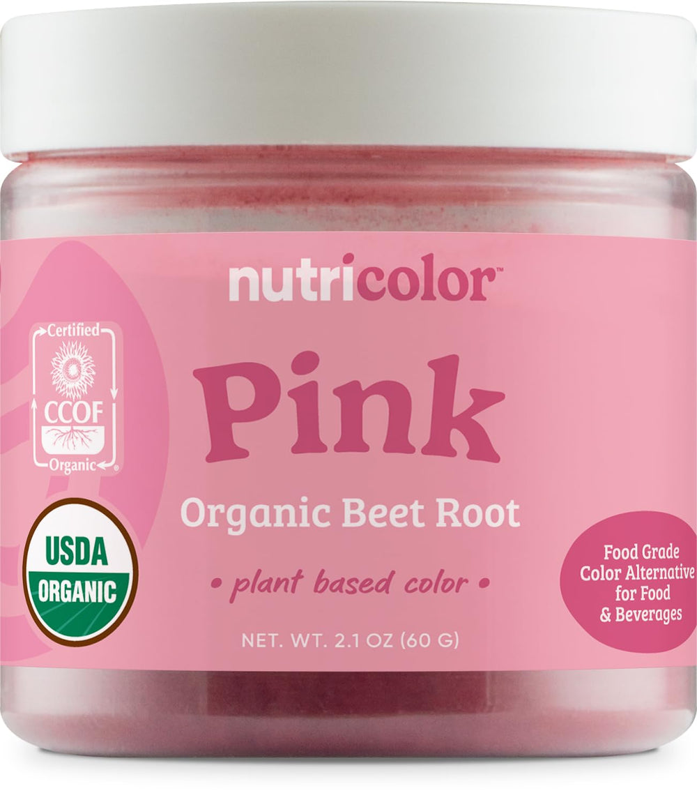 Nutricost Nutricolor pink beet root powder bottle shows vibrant natural color.
