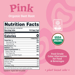 Close-up of Nutricolor pink beet powder being poured for beverages.
