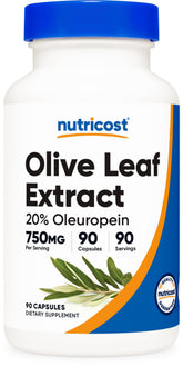 Nutricost olive leaf extract 750 mg bottle demonstrates dosage for daily support