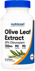 Nutricost olive leaf extract 750 mg bottle demonstrates dosage for daily support