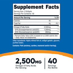 Nutricost Omega-3 Fish Oil bottle label highlights 1200mg EPA and 850mg DHA per serving for daily intake.