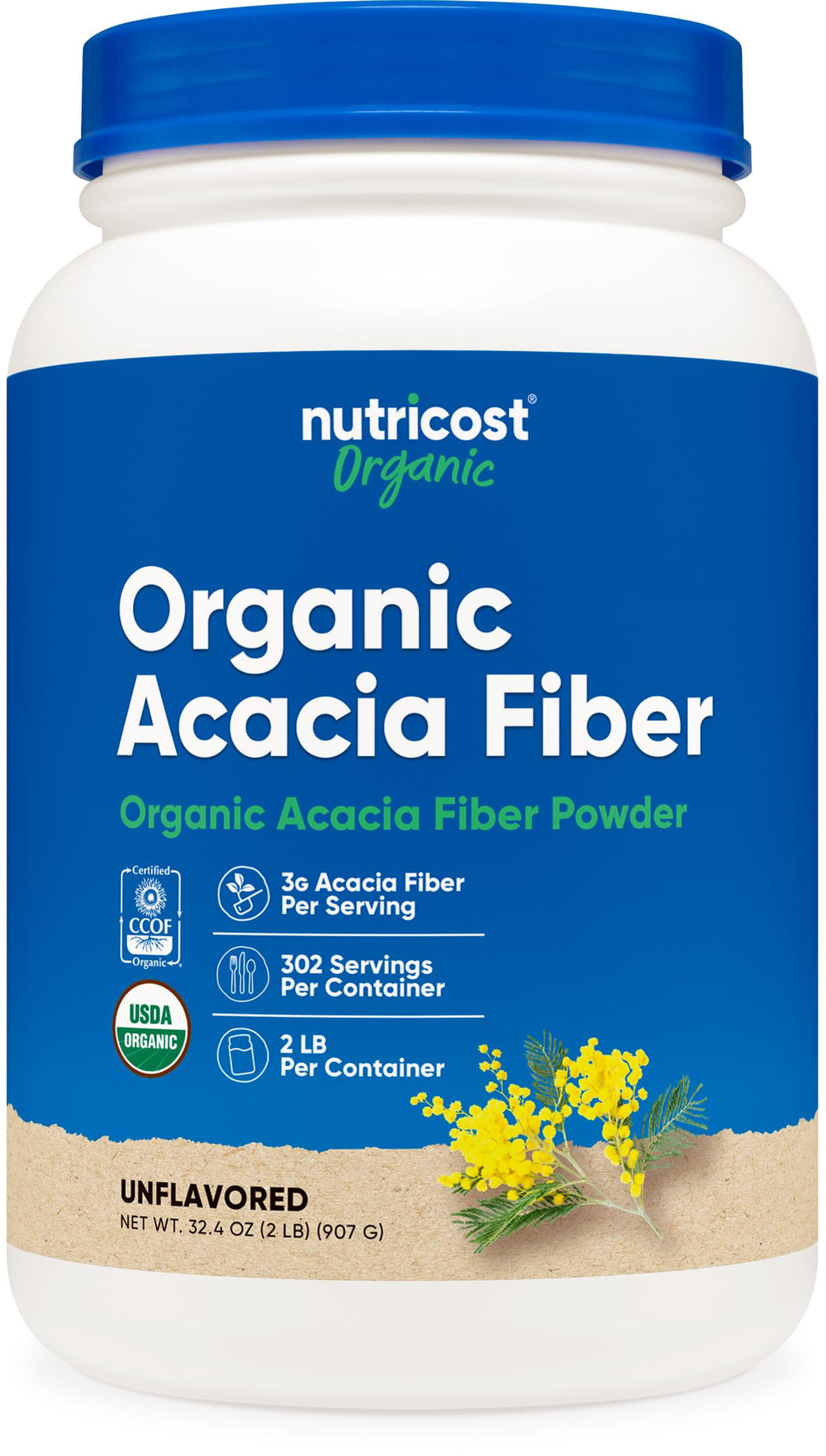 Nutricost Organic Acacia Fiber Powder bottle highlighting daily fiber source.