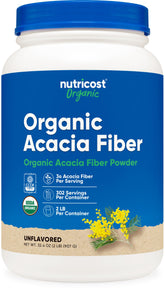 Nutricost Organic Acacia Fiber Powder bottle highlighting daily fiber source.