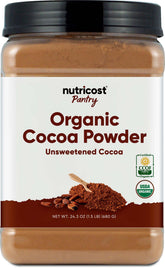Nutricost organic cocoa powder bottle, 1.5 lb, pure unsweetened flavor for baking