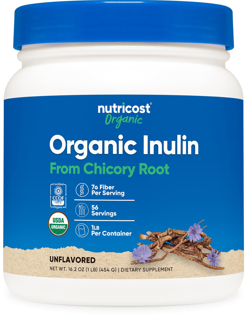Nutricost Organic Inulin Powder bottle with organic certification and 1 lb size