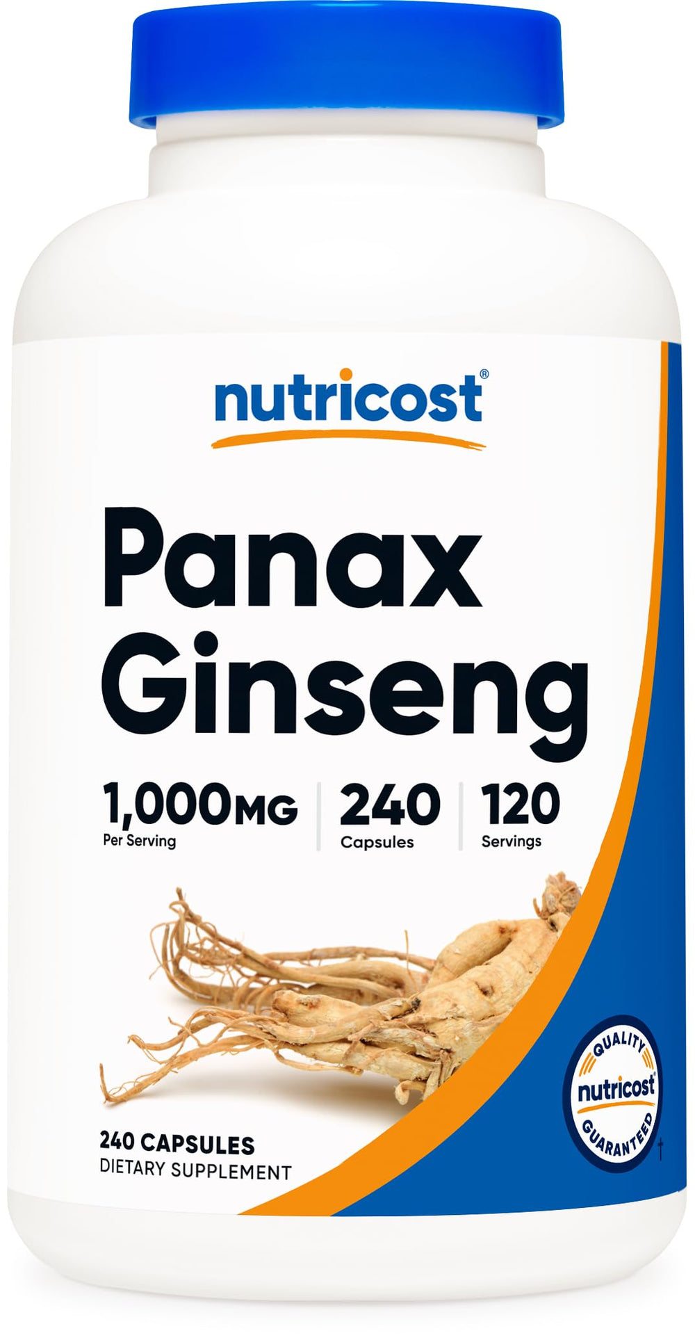Nutricost Panax Ginseng 1000mg bottle showing 120 servings for daily energy support.